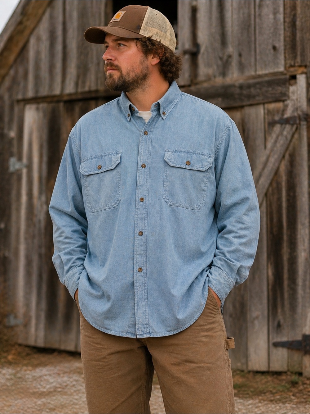 Carhartt Workwear Button Down Shirt | Rugged Utility Style | Blue Chambray | XXL